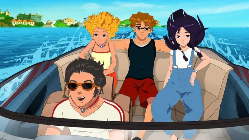 Emma, Lewis und Cleo fahren mit Zane zu den Dreharbeiten des Kinofilms. – Bild: ZDF/​Les Cartooneurs Associés