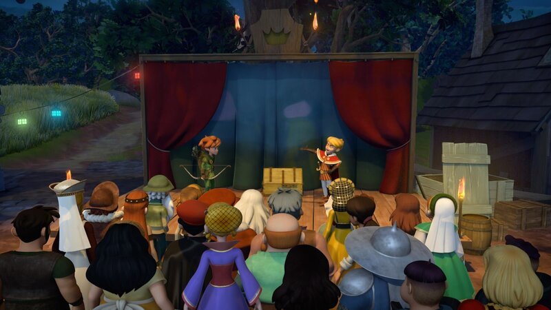 Die Dorfbewohner schauen dem Theaterstück zu, bei dem Prinz John die Hauptrolle als großen Helden spielt. – Bild: ZDF/​Method Animation/​DQ Entertainment/​Fabrique d’images/​ZDF Enterprises/​De Agostini