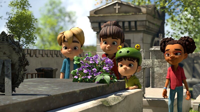 Um ihren Drachen zurückzubekommen, hat die Dorfbande Bauer Ludwig verfolgt und macht auf dem Friedhof eine berührende Entdeckung. – Bild: La Station Animation – 2022
