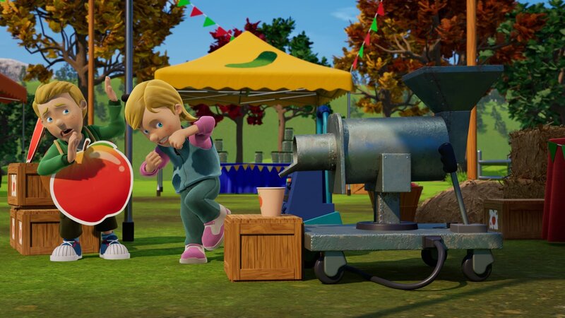 Sarah und James gehen vor Annies wild gewordener Apfelsaft-Maschine in Deckung. – Bild: 2023 Prism Art & Design Limited