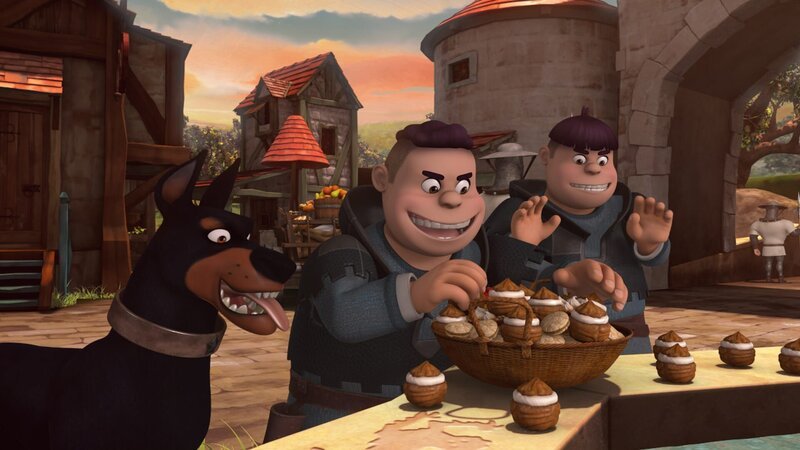 Lecker! Die Söhne des Sheriffs Ralf und Rolf bedienen sich an den Speisen der Bürger. Hund Flynn lässt sich das auch nicht entgehen. – Bild: ZDF/​Method Animation/​DQ Entertainment/​Fabrique d’images/​ZDF Enterprises/​De Agostini