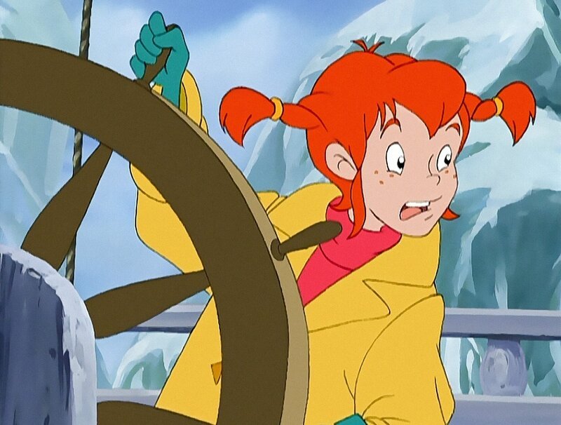 Pippi Langstrumpf – Die Zeichentrickserie, Pippi rettet die grünen Wale. Pippi reist mit ihrem Vater und der ganzen Schulklasse in den Norden, um ein Dorf mit Lebensmitteln zu versorgen. Doch die Einwohner erzählen von grünen Walen, die von Wilderern gejagt werden. Pippi gelingt es, die Wale vor den Räubern zu schützen. – Bild: ORF/​STUDIO 100 MEDIA