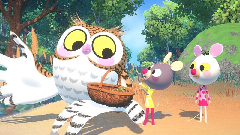 Edgar Eule mit den beiden schlauen Mäusen Polka und Hortensia. – Bild: hr/​MIAM! Animation