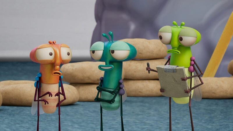 Floyd (M.), der Mollys (r.) Instruktionen nicht ernst genommen hat, ist bei jeder Prüfung durchgefallen. Cary (l.) zieht Floyd mit seinen Misserfolgen auf. – Bild: ZDF/​Aardman Animations