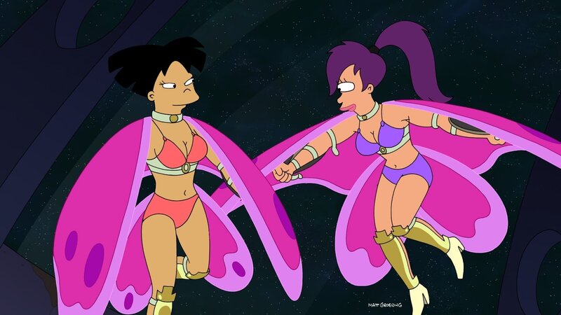 Leela (r.) und Amy (l.) sind richtig dicke Freundinnen. Allerdings glaubt ihnen die Planet-Express-Crew nicht und verlangt einen Beweis … – Bild: Paramount