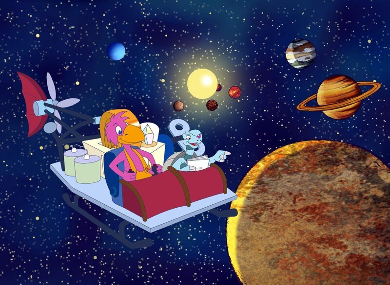 Albert und Zora sind mit dem Zeit-o-mobil zum Urknall gereist und koennen nun beobachten, wie sich die Planeten formen. – Bild: ORF/​YFE Your Family Entertainment