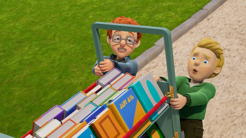 Norman und James wollen so schnell wie möglich Nachschub für die Nachbarschafts-Bücherei liefern. – Bild: 2023 Prism Art & Design Limited