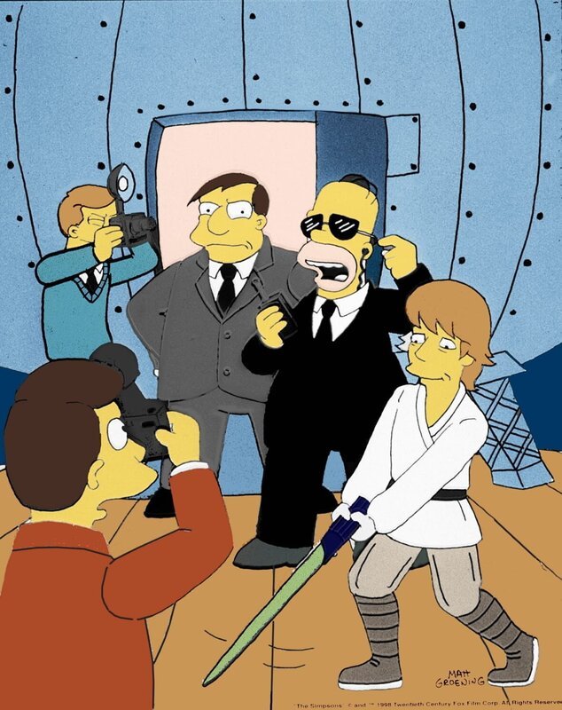Zum Schutz von Bürgermeister Quimby (M.) hat Homer (2.v.r.) Skywalker Hamill (r.) engagiert. – Bild: Twenthieth Century Fox Film Corporation