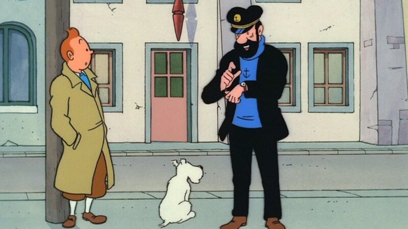 Tim (l.), Struppi und Kapitän Haddock (r.) werden von bordurischen Agenten verfolgt, die Professor Bienlein entführt haben. Um ihn zu retten, reisen sie nach Bordurien, wo sie von Polizisten belagert werden. – Bild: ZDF und Ellipsanime/​France 3/​M6/​Nelvana. Hergé – Moulinsar