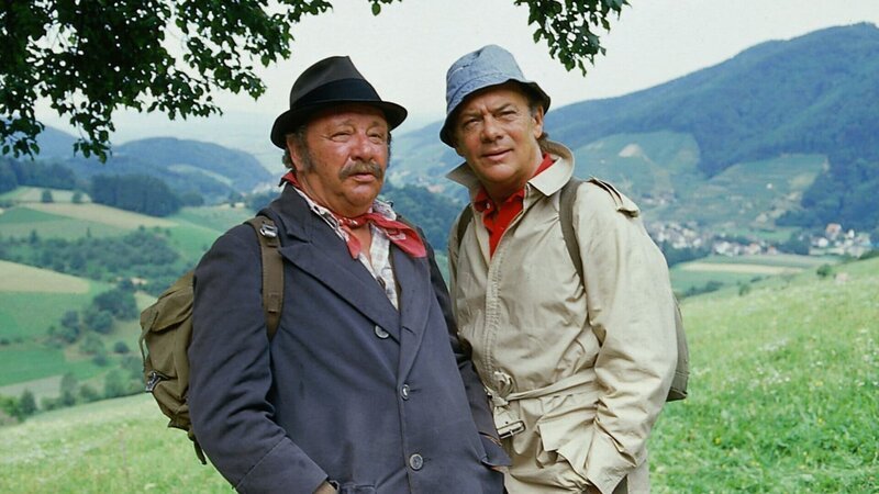 Prof. Brinkmann (Klausjürgen Wussow, r.) trifft beim Besuch in seiner Berghütte Boris (Gustl Bayrhammer, l.), der auf der Durchreise ist, mit dem er sich aber bald blendend versteht. – Bild: Thomas Waldhelm