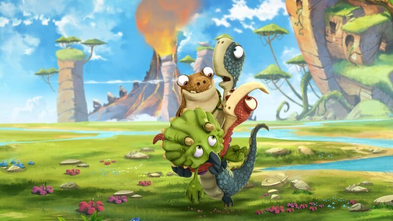 Ayati hat ihr Gleichgewicht verloren und ist gestürzt. Jetzt braucht die Dino-Dame dringend Hilfe von den vier kleinen Dinos. – Bild: SUPER RTL