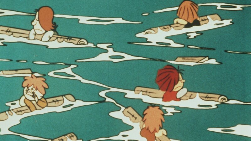 Als die Kinder von der Möweninsel zurück nach Flake fahren wollen, zerstört eine Seerobbe ihr selbstgebautes Floß. Die Kinder können sich an Baumstämmen über Wasser halten, nur von Wickie fehlt jede Spur. – Bild: ZDF, Studio 100 Media