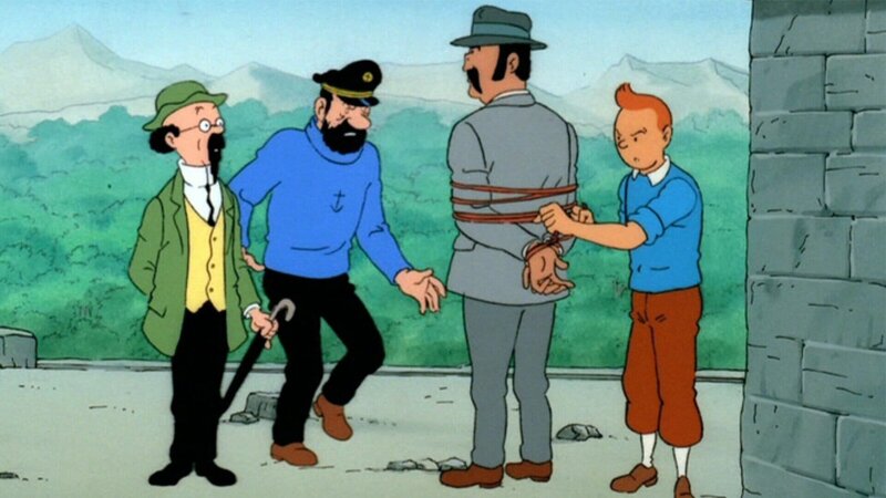 Tim (r.) fesselt den Doppelagenten Pablo (2. v. r.), um seine eigene Flucht sowie die von Professor Bienlein (l.) und Kapitän Haddock (2. v. l.) glaubwürdig erscheinen zu lassen. – Bild: ZDF und Ellipsanime/​France 3/​M6/​Nelvana