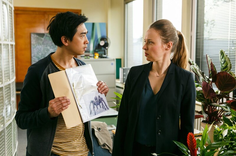 Hui Ko (Aaron Le, l.) berichtet Vicky Adam (Katja Danowski, r.), daß bei der toten Biotech-Unternehmerin Spuren von Spinnenbissen gefunden wurden. – Bild: ARD/​Kai Schulz