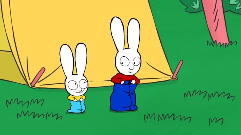 Als Zeitvertreib beim Campingausflug veranstalten Simon (r.) und Franz (l.) Sackwetthüpfen. – Bild: ZDF