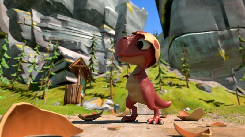 Ein Dinosaurierei landet in der Hand der Lemminge. Der geschlüpfte Dino hält die Lemminge für seine Mama. Die Lemminge freuen sich über den Zuwachs.  +++ – Bild: Der Dinobesuch /​ © Studio Hari S.A.R.L.