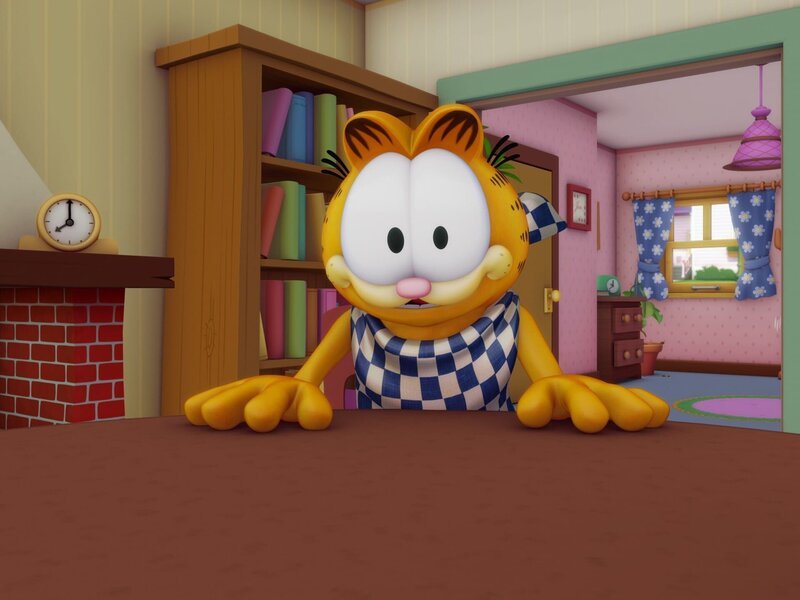 Garfield ist zu dick, das sagt jedenfalls die neue sprechende Waage von Liz. Er kriegt eine Diät verordnet. – Bild: KiKA