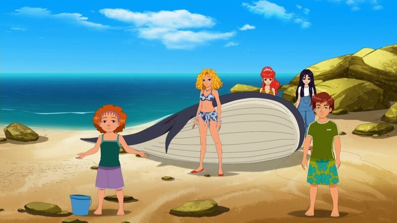 Ein Wal ist gestrandet. Wahrscheinlich hatte er durch den lauten Ton unter Wasser die Orientierung verloren. – Bild: ZDF/​Les Cartooneurs Associés