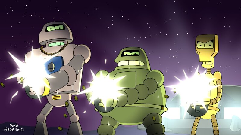 Sollte Bender das Turnier gewinnen, werden sie ihm die Hölle heiß machen: Joey, Donbot und Klemmer … – Bild: Paramount
