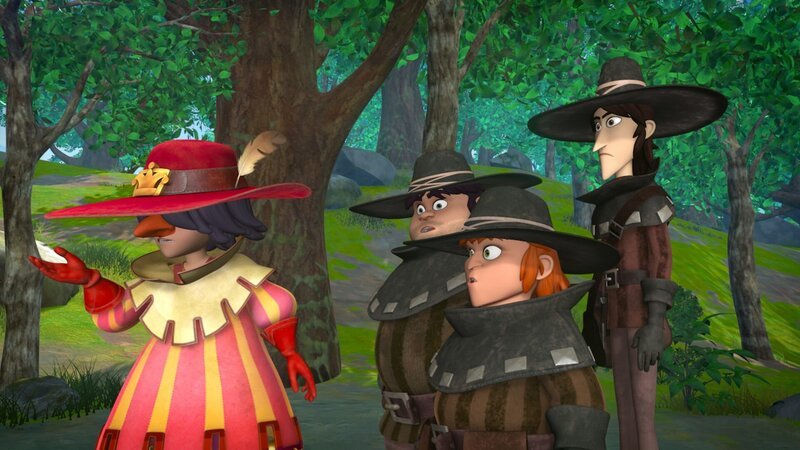 Die drei Räuber haben von dem Geld erfahren, das für die Waisenkinder gesammelt wurde und wollen es stehlen. Robin Hood verkleidet sich, um sich in die Bande einzuschleichen und auszutricksen. – Bild: ZDF/​Method Animation/​DQ Entertainment/​Fabrique d’images/​ZDF Enterprises/​De Agostini