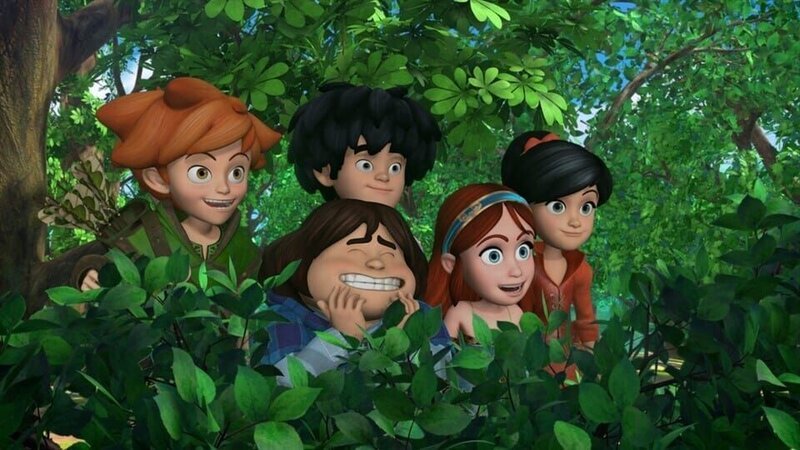Versteckt, hinter Hecken fröhlich lachend, beobachten die Freunde Robin Hood, Little John, Tuck, Marian und Scarlett etwas. – Bild: ZDF/​2014 Method Animation/​DQ Entertainment/​ Fabrique d’images/​ZDF Enterprises/​De Agostini