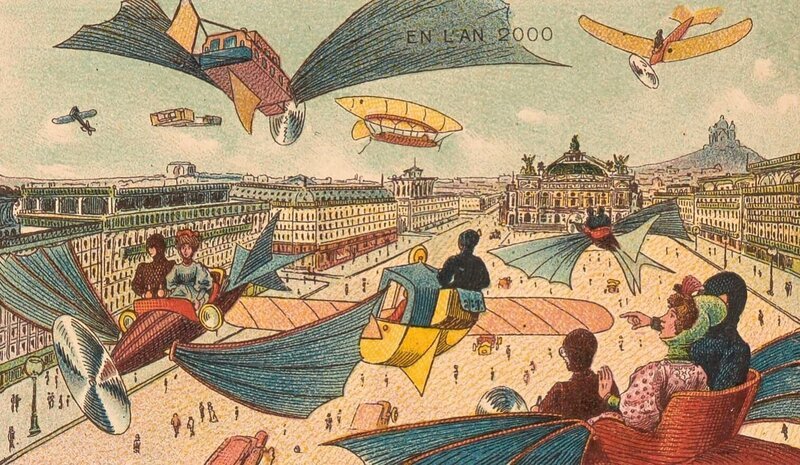 Auch in Frankreich stellte man sich zu Beginn des letzten Jahrhunderts den Verkehr im Jahr 2000 in der Luft vor. – Bild: Public domain via Wikimedia Commons