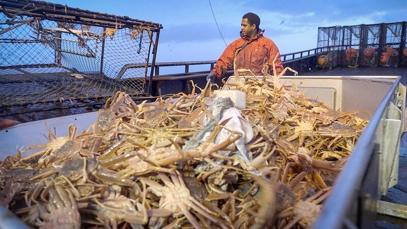 POV from the corner of the sorting table, pile of crab ready to be sorted, Jacob looking over at the pot on the launcher. – Bild: Warner Bros. Discovery, Inc.