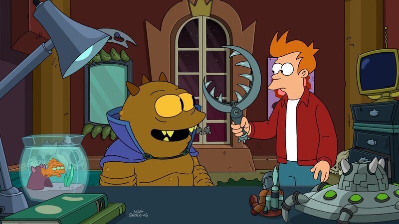 Lrrr verlangt von Jrrr (m.), dass er sein Haustier Fry (r.) umbringen soll. Nur durch die Freundschaft zwischen den beiden und durch das beherzte Eingreifen von Bender kann Frys Leben gerettet werden … – Bild: Paramount