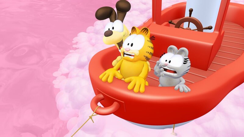 Damit das Baden nicht so langweilig ist, lässt Garfield seine Fantasie spielen und geht zusammen mit Odie und Nermal auf eine abenteuerliche Reise. – Bild: HR/​DARGAUD MEDIA