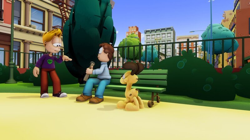 Im Park trifft Jon zufällig Tyler Edge (li.), einen superreichen Geschäftsmann. Umso begeisterter ist Jon natürlich, als Tyler ihm sagt, er solle mal mit einer Idee für einen Comic bei ihm vorbeischauen. – Bild: HR/​DARGAUD MEDIA