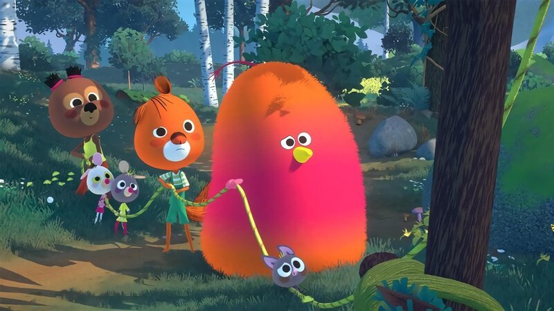 Luzie, Dingsda und ihre Freunde versuchen den Hochsitz auf einen Baum zu bugsieren. – Bild: hr/​MIAM! Animation