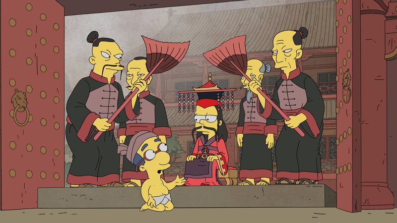 Findet sich Bart (M.) durch ein Buch in einer Fantasiewelt wieder, in der auch Milhouse (vorne) eine Rolle spielt? – Bild: Fox and its related entities