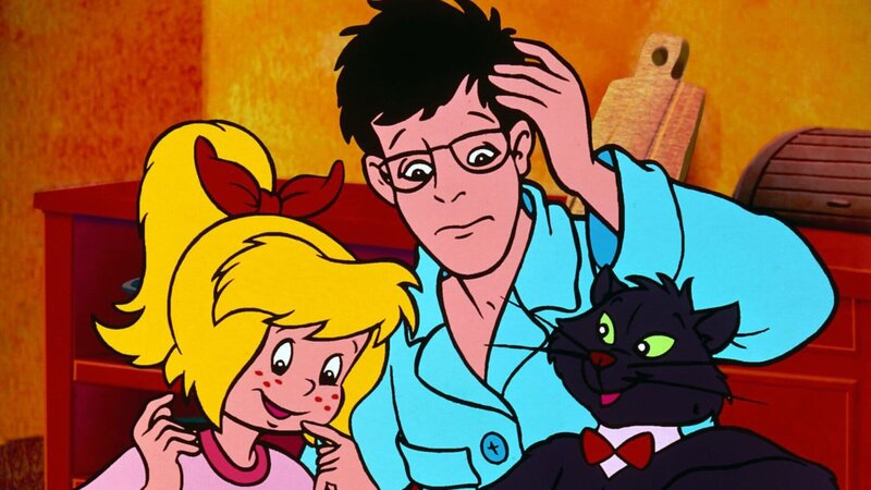 Bibi und ihr Vater sind überrascht über die erstaunlichen Fähigkeiten ihres neuen Katers. – Bild: hör + lies Verlag