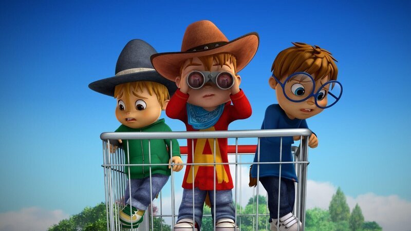 Theodore, Alvin und Simon (v.li.) machen sich auf die Suche nach Einkaufswagen. Wenn sie genug sammeln, wartet ein Fahrrad als Gewinn! +++ – Bild: SUPER RTL /​ Echte Cowboys