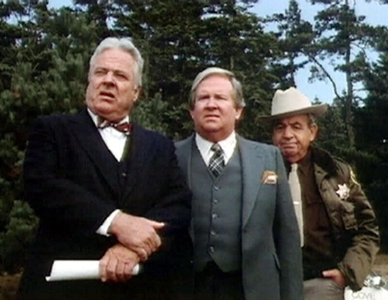 Dr. Seth Hazlett (William Windom), Bürgermeister Sam Booth (Richard Paul) und Sheriff Amos Tupper (Tom Bosely, v. li.) wollen wissen, was es mit dem mysteriösen Indianer auf sich hat, der beim Stadtfest aufgetaucht ist. – Bild: Warner TV Serie