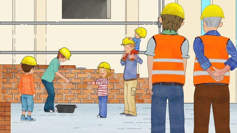 Connis ganze Familie hilft mit beim Mauern. – Bild: ZDF/​Henning Windelband/​Youngfilms GmbH