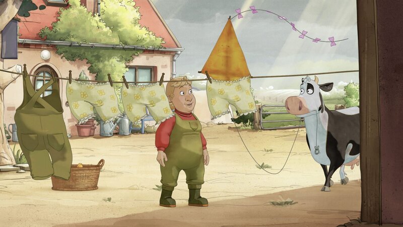 Diese Drachenlandung ging für Lieselotte voll in die Hose. Die Bäuerin nimmt es mit Humor. – Bild: ZDF/​WunderWerk
