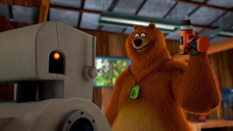 Grizzy baut sich einen Roboter-Doppelgänger, der die Lemminge fernhalten soll, während er ein leckeres Popcorn-Abendessen für seine geliebte Bärenfrau zubereitet. Doch ob der künstliche Grizzy den echten so gut ersetzen kann? – Bild: Studio Hari S.A.R.L.