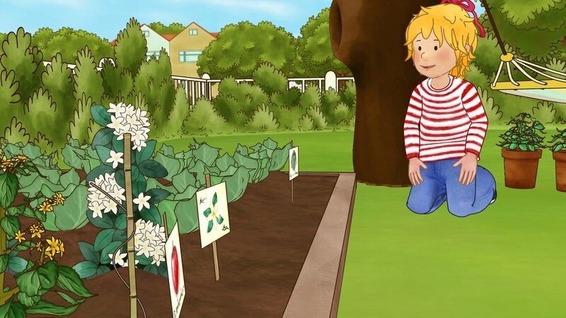 Conni strahlt. Zusammen mit Papa hat sie ein Beet angelegt. – Bild: ZDF und Henning Windelband (Youngfilms GmbH)