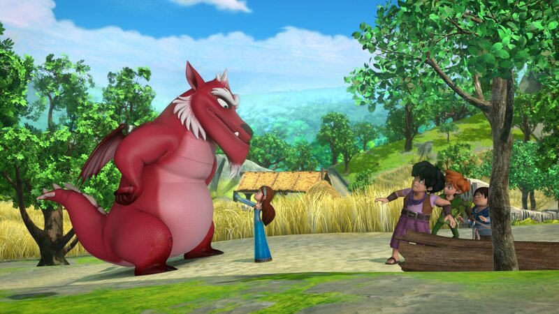 Die Freunde Little John, Robin Hood und Tuck treffen auf Derke, den gefürchteten Sherwood-Drachen und finden seinen Schatz, ein Buch. Marian möchte es zurückgeben. – Bild: ZDF/​Method Animation/​DQ Entertainment/​Fabrique d’images/​ZDF Enterprises/​De Agostini