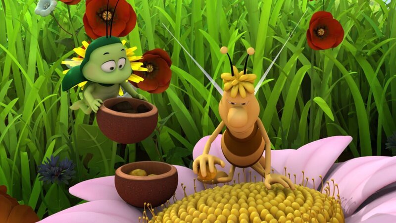 Speziell für Maja mischt Ben unter seine Hasenköttel Blütenpollen. – Bild: ZDF/​Studio100 Animation