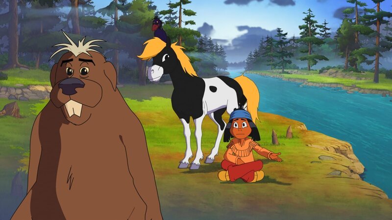 Biber Tausendmäuler versucht sich zu erinnern. Yakari und sein Pony Kleiner Donner wollen ihm helfen. – Bild: WDR/​Ellipsanime Productions/​Belvision/​Les Cartooneurs Associés/​2 Minute