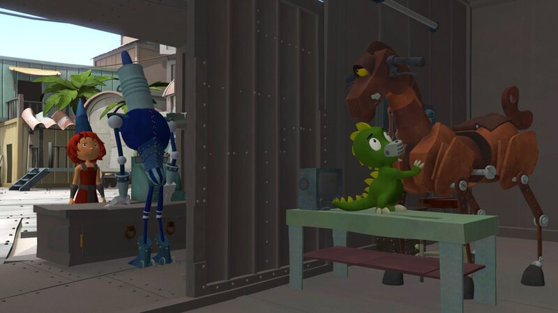 Bö muss den Polizisten ablenken, damit Koks den beschlagnahmten Feuerstuhl aus dem Stall befreien kann. – Bild: ZDF/​Caligari