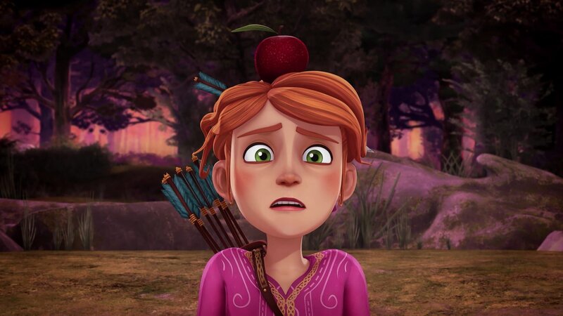 Um seine Freunde zu retten, muss Arthur einen Apfel auf Guineveres Kopf treffen. – Bild: SWR/​Blue Spirit Productions/​TéléTOON+/​Canal+