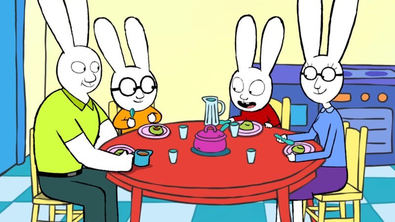 Bei Ferdinand (M. l.) Zuhause ist alles etwas anders. Aber das gemeinsame Abendessen mit Ferdinands Papa (l.) und Mama (r.) macht Simon (M. r.) riesen Spaß. – Bild: GO-N Productions