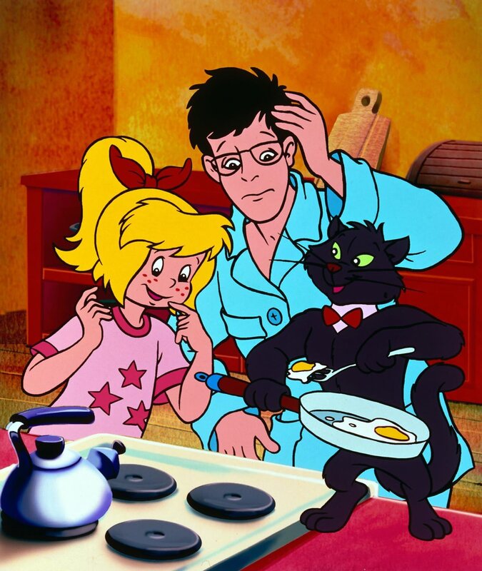 Bibi und ihr Vater sind überrascht über die erstaunlichen Fähigkeiten ihres neuen Katers. – Bild: ZDF und hör + lies Verlag