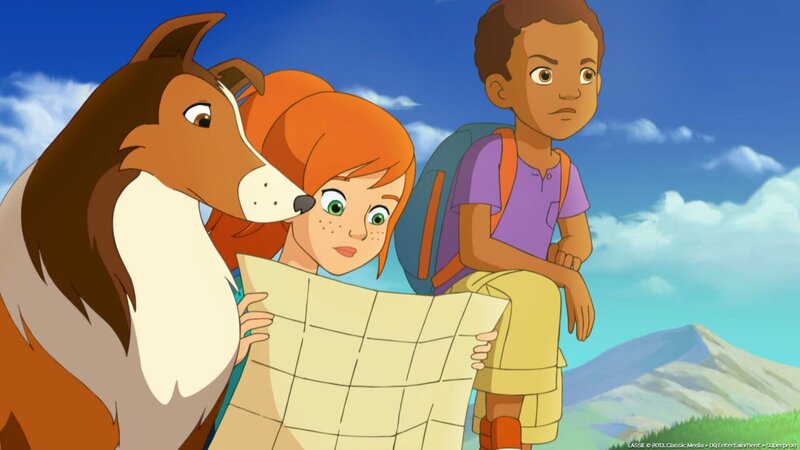 Zoé (M.) versucht die Schatzkarte, die sie in Mrs. Lees Geschäft gefunden haben, zu entziffern. – Bild: Lassie (c) 2013, Classic Media