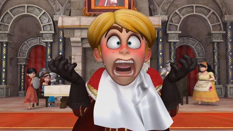 Prinz John läuft hochrot an und schreit bei seinem Essen plötzlich entsetzt laut auf. Scarlett hat ihm einen Streich gespielt und amüsiert sich mit Marian köstlich darüber. – Bild: ZDF/​Method Animation/​DQ Entertainment/​Fabrique d’images/​ZDF Enterprises/​De Agostini