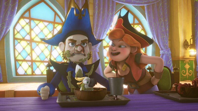 Während Käpt’n Raubein sich königlich amüsiert, als ihr Papagei in Käpt’n Flints Suppe fällt, kocht der Begossene vor Wut. – Bild: Method Animation – Mediawan kids & family