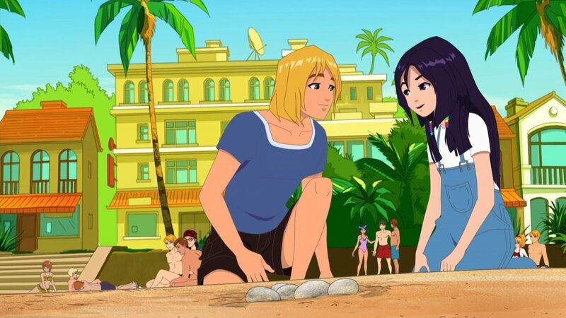 Byron zeigt Cleo die Stelle am Strand, an der er Schildkröteneier gefunden hat. – Bild: ZDF/​Les Cartooneurs Associés